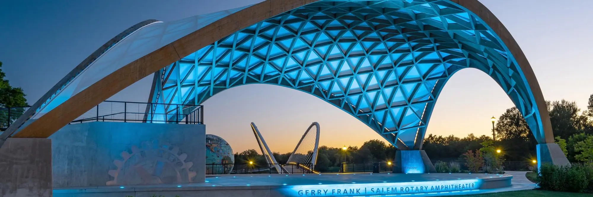 Image of Salem Amphitheatre illuminated by blue light.